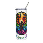 20oz stainless steel tumbler with metal straw, featuring the vibrant flame logo of the Crowd Scale Catalyst movement